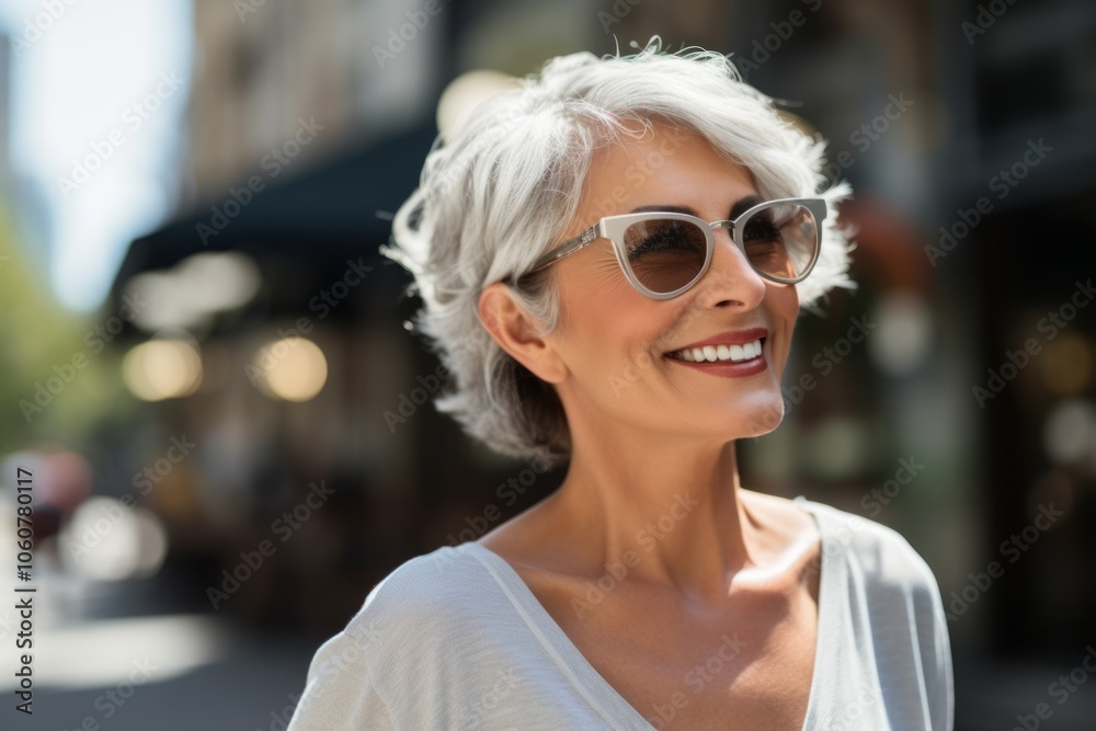 portrait of smiling senior woman in sunglasses in city on summer day portrait of smiling senior woman in sunglasses in city on summer day