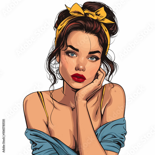 Beautiful Young Woman in Retro Style Pop Art Pin App Vector Illustration