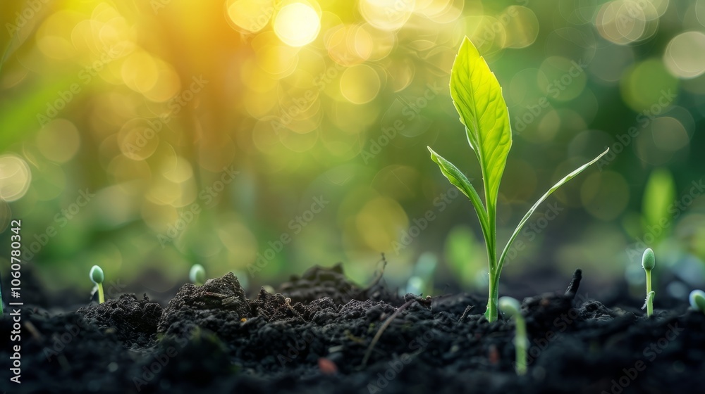 A close-up shot of a small green sprout pushing through the dark soil. The background is a bokeh of green and yellow, creating a dreamy, hopeful effect.