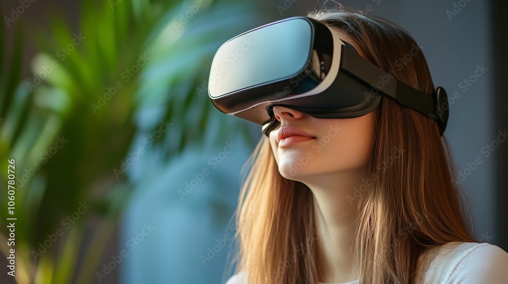 Woman Experiencing Virtual Reality with VR Headset Woman Experiencing Virtual Reality with VR Headset