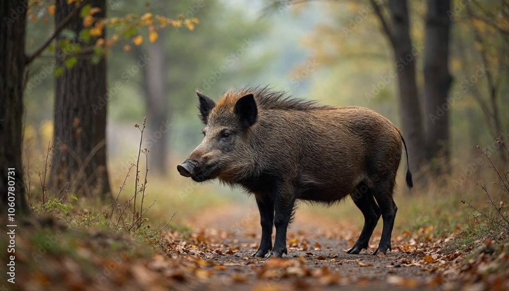 Wild boar standing on a forest path surrounded by autumn leaves. Wild boar standing on a forest path surrounded by autumn leaves.