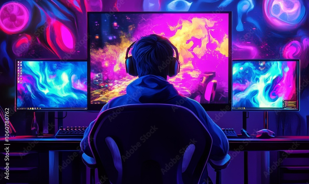 Obraz premium Gamer in a dark room with colorful screens.