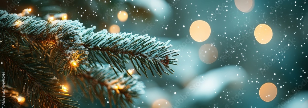 Christmas background featuring snow and pine tree branches adorned with lights, showcasing a green and white color scheme with a bokeh effect and sparkling particles. Christmas background featuring snow and pine tree branches adorned with lights, showcasing a green and white color scheme with a bokeh effect and sparkling particles.