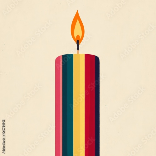 A single lit candle with a striped colorful design.