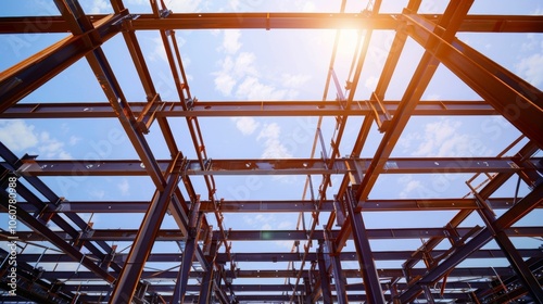 A web of steel beams crisscrosses in midair forming the skeletal outline of a future office building. photo