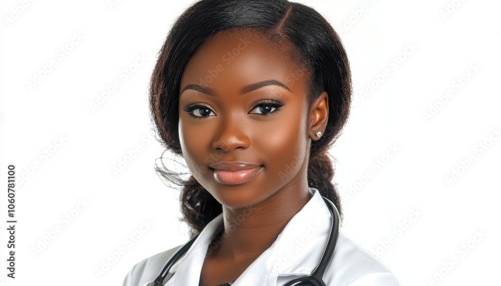 A confident black female doctor poses for a professional portrait white background A confident black female doctor poses for a professional portrait white background
