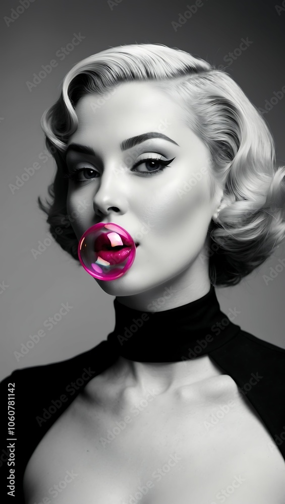 Retro Woman Blowing Pink Bubblegum