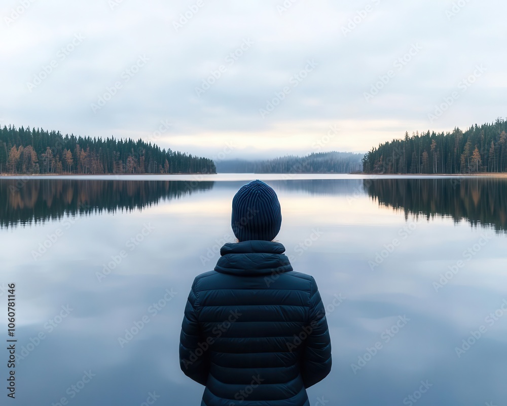 Obraz premium Tranquil lake with reflection of woman standing, symbolizing inner peace and acceptance in perimenopause