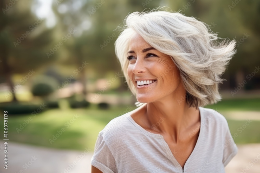 Portrait of a beautiful mature woman with blond hair in the park Portrait of a beautiful mature woman with blond hair in the park