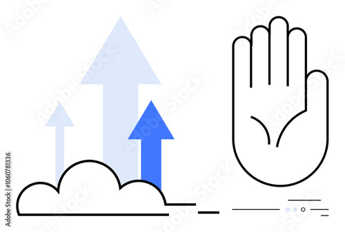 Hand gesture signaling to stop beside arrows rising from clouds, symbolizing technology and growth. Ideal for technology, growth, success, limitation, internet, cloud computing, digital