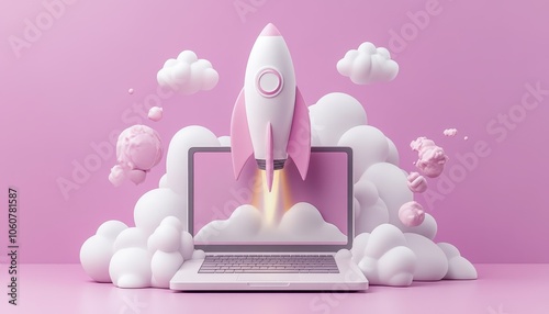 A rocket launching from a laptop amidst clouds on a vibrant purple background