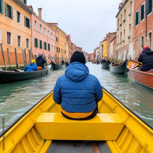 A single person rows a yellow gondola through a narrow canal in Venice, Italy, with other gondolas in the distance. photo