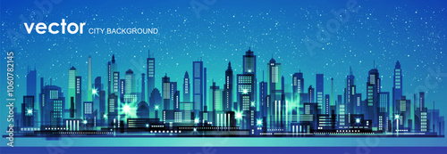 A vibrant and detailed vector illustration depicting a modern city skyline against a starry night sky, capturing urban energy and the essence of metropolitan life.