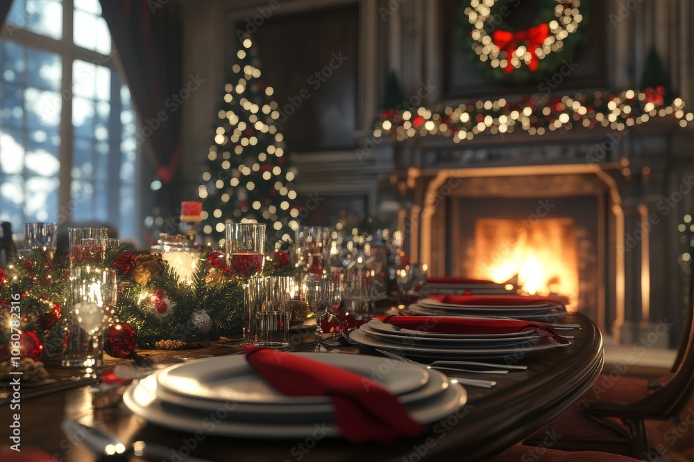 Cozy Christmas dinner scene set for New Year's Eve, featuring a beautifully decorated table, Christmas tree, and warm lighting in a festive home setting. Cozy Christmas dinner scene set for New Year's Eve, featuring a beautifully decorated table, Christmas tree, and warm lighting in a festive home setting.