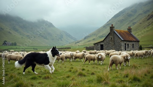 A border collie herding sheep near a stone cottage in a picturesque landscape. photo