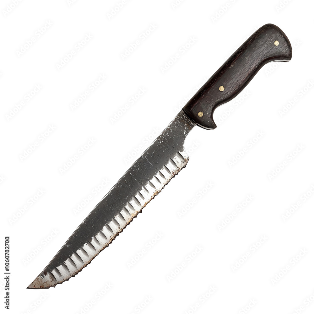 Sharp serrated knife with a wooden handle on a white isolated background. transparent background Sharp serrated knife with a wooden handle on a white isolated background. transparent background