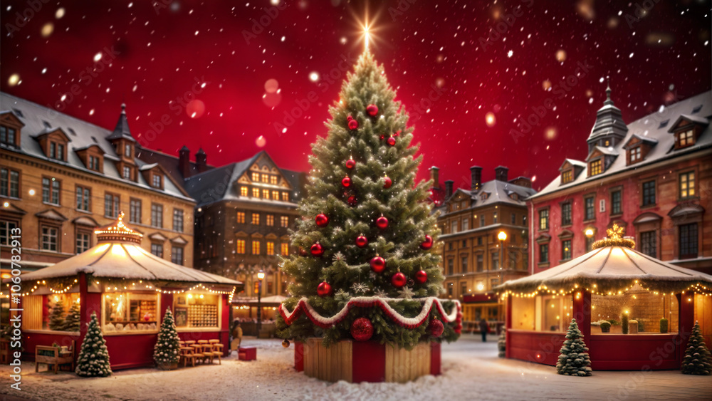Obraz premium Illuminated Christmas market with decorated tree and festive atmosphere in winter setting