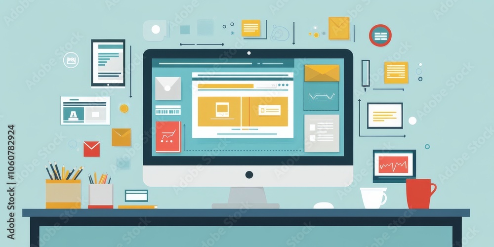 A computer screen shows a website design page with boxes for different website features. There's empty space around the boxes for ads, making it perfect for promoting digital design services. A computer screen shows a website design page with boxes for different website features. There's empty space around the boxes for ads, making it perfect for promoting digital design services.