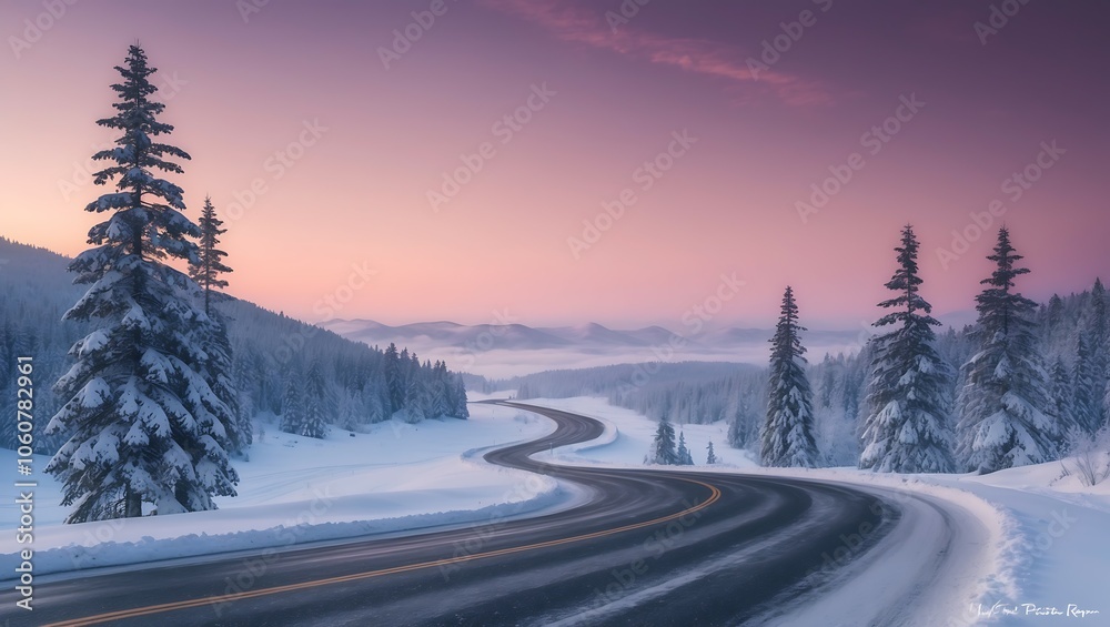 Snowy Road Through Winter Landscape at Dusk
