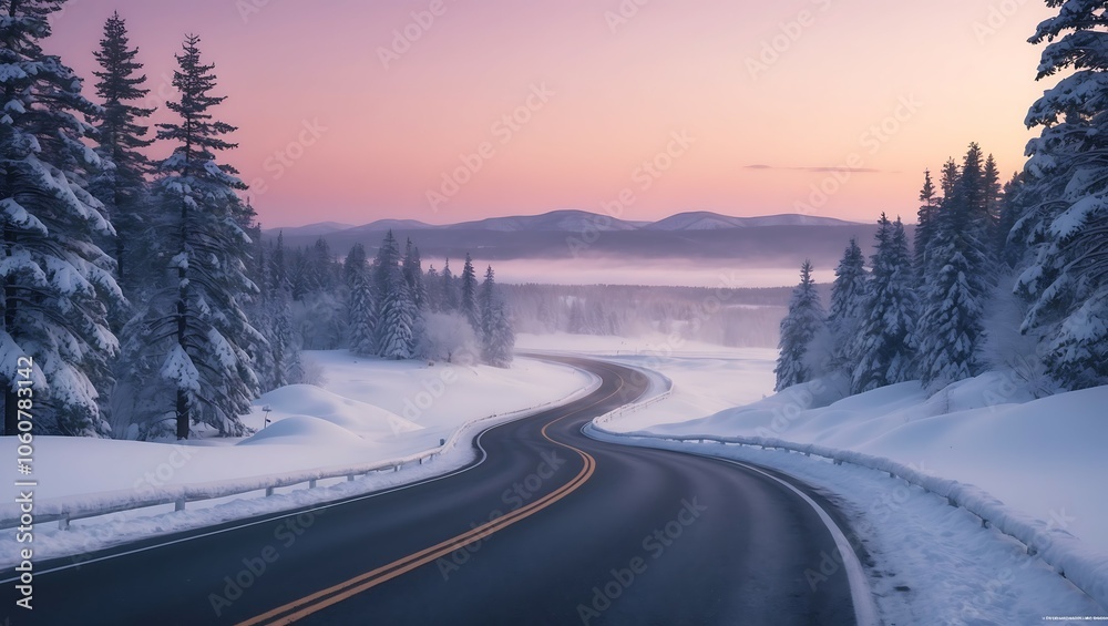 Snowy Road Through Winter Landscape at Dusk Snowy Road Through Winter Landscape at Dusk