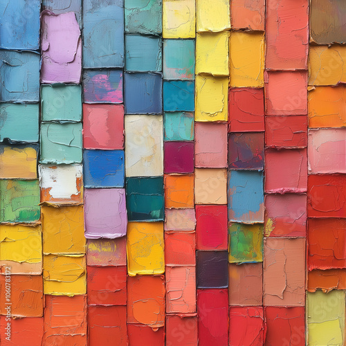 Textured abstract painting from colored rectangles.