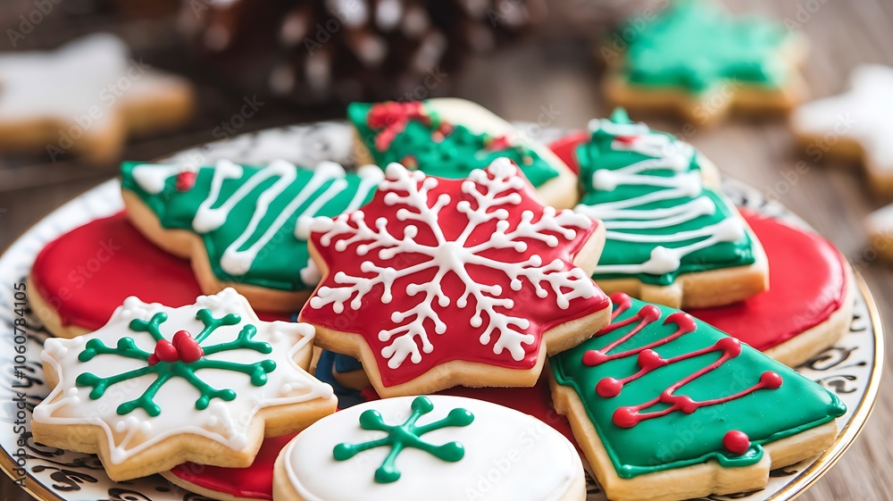 Fototapeta premium A Plate of Christmas Cookies with Green and Red Icing