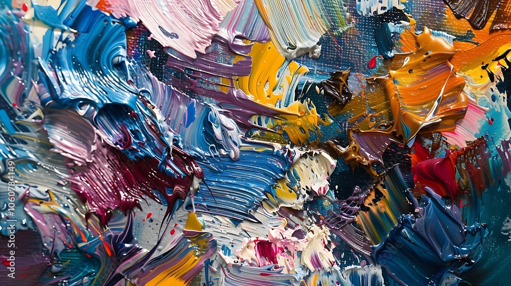 Fototapeta premium Close-up of multicolored abstract strokes with thick layers of paint, blending and creating texture and depth, with realistic imperfections and high detail; 