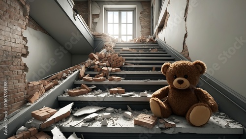 Obraz na płótnie Teddy Bear on Stairs in a Ruined Building w salonie