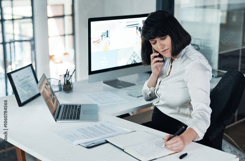 Phone, call and pregnant woman in office writing notes, planning schedule and research at design agency. Pregnancy, smartphone and architect at desk for ideas, networking and checklist for business