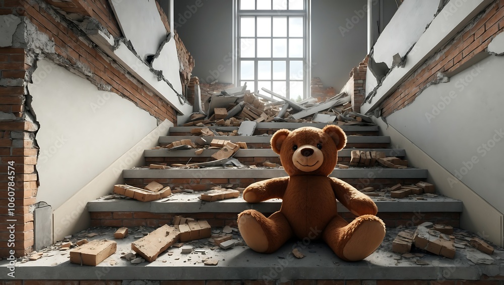 Teddy Bear on Stairs in a Ruined Building