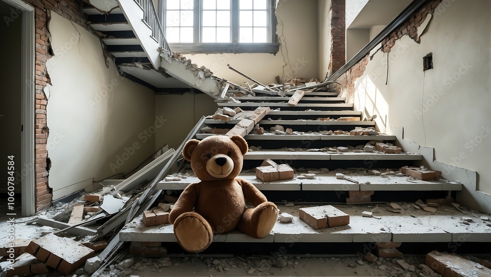 Teddy Bear on Stairs in a Ruined Building
