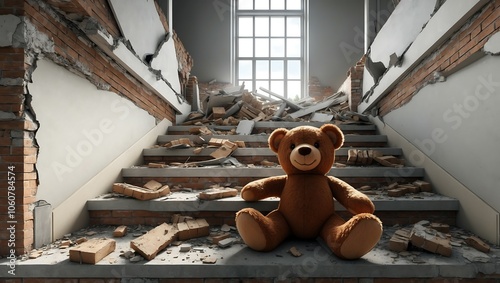 Obraz na płótnie Teddy Bear on Stairs in a Ruined Building w salonie