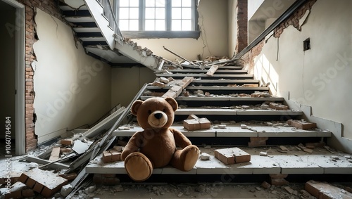 Obraz na płótnie Teddy Bear on Stairs in a Ruined Building w salonie