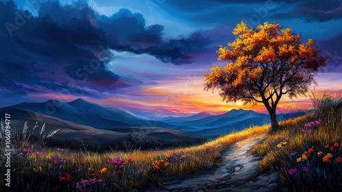 Serene Countryside Night View with Vibrant Sunset Colors