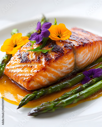 A beautifully plated grilled salmon fillet garnished with edible flowers and served with fresh asparagus on a white plate.