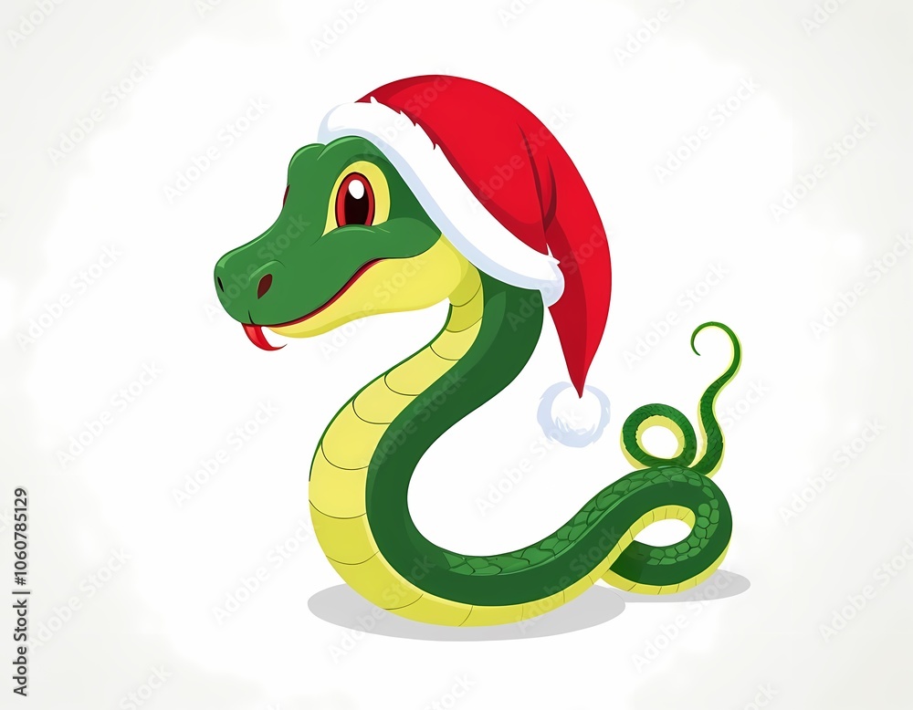 Fototapeta premium A cheerful green snake wearing a Santa hat celebrates 2025 New Year