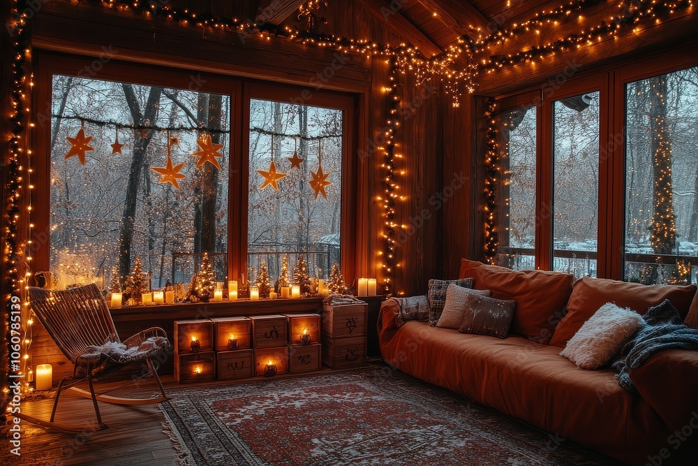 Fototapeta premium Cozy rustic living room adorned with Christmas decorations and fairy lights, creating a warm ambiance for New Year's Eve celebration.
