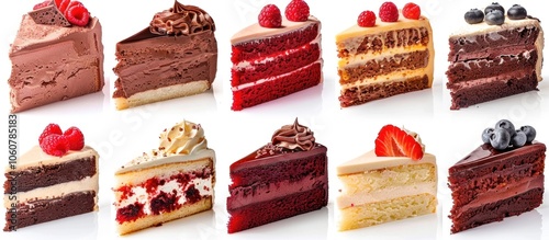Delicious assortment of cake slices with various frostings and toppings. Red velvet, chocolate, vanilla, and fruit-topped cakes on a white background. Bakery, dessert, celebration, pastry concept.
