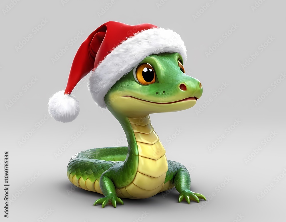 Fototapeta premium A cheerful green snake wearing a Santa hat celebrates 2025 New Year