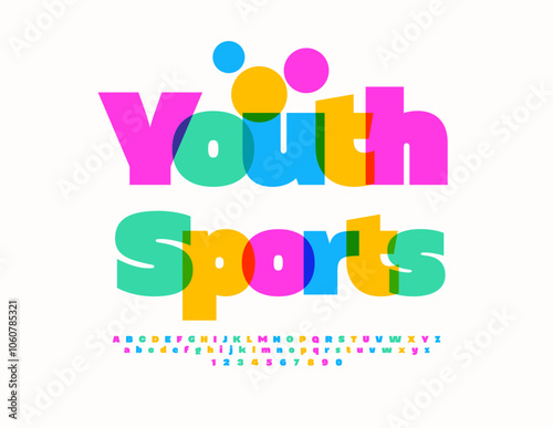 Vector colorful logo Youth Sports. Bright cool Font. Creative Alphabet Letters and Numbers set