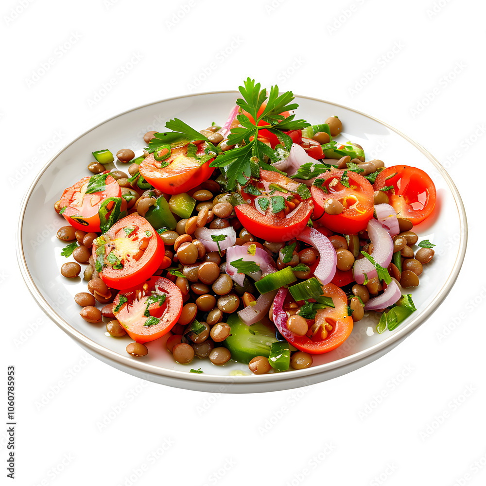 Vibrant and healthy lentil salad featuring cherry tomatoes, red onion, parsley, and green peppers on a white plate, perfect for a nutritious meal Vibrant and healthy lentil salad featuring cherry tomatoes, red onion, parsley, and green peppers on a white plate, perfect for a nutritious meal