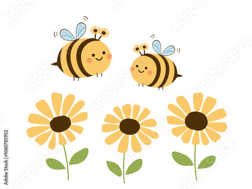 Sunflower field and bee cartoons icon sign isolated on white background vector.