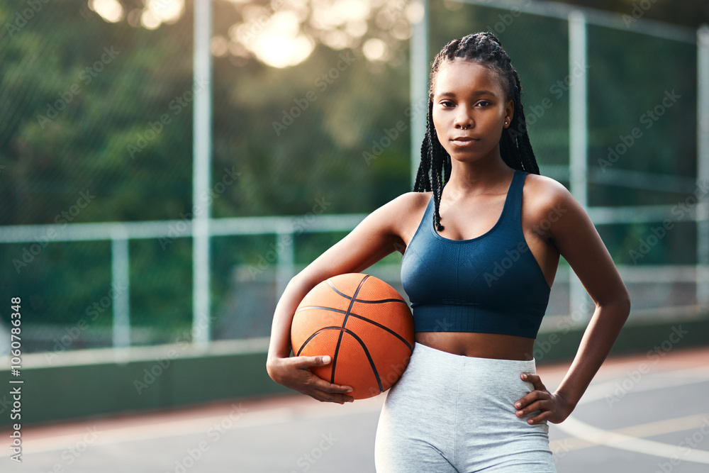 Black woman, portrait and basketball for sport, training and outdoor exercise or hobby on court. African athlete, person and fitness for goals, workout and summer match for endurance or cardio health Black woman, portrait and basketball for sport, training and outdoor exercise or hobby on court. African athlete, person and fitness for goals, workout and summer match for endurance or cardio health