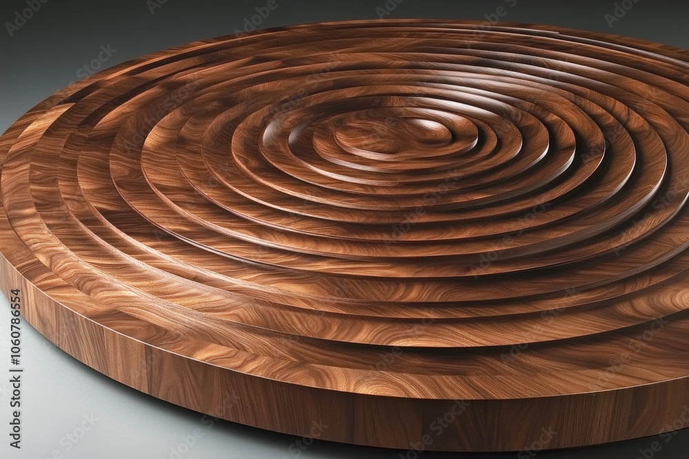 A close-up of a circular wooden table with a unique ripple design. A close-up of a circular wooden table with a unique ripple design.