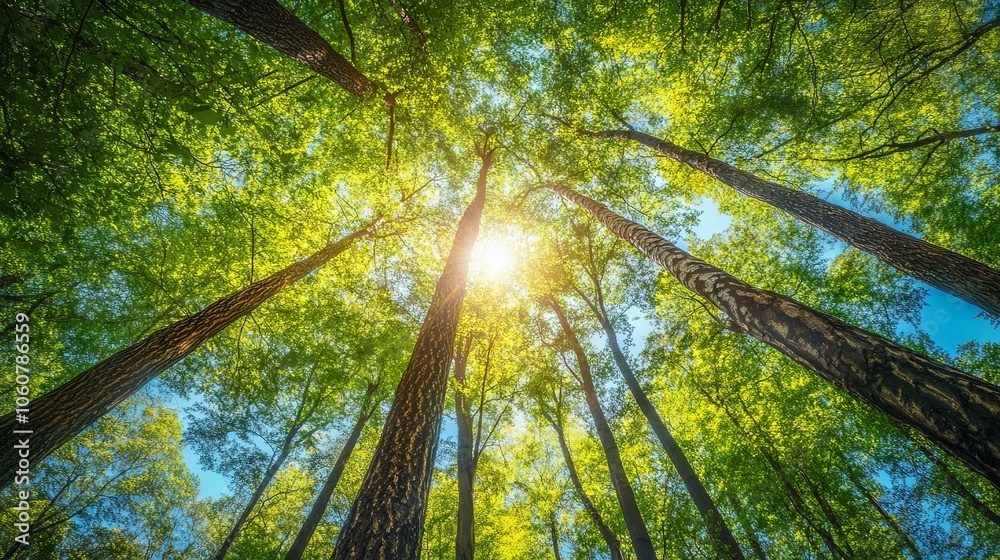 Naklejka premium Serene Canopy of Tall Trees in Spring. AI generated illustration