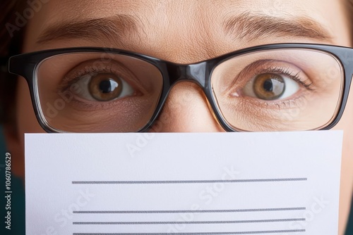 Close-up of a recruiter s eyeglasses reflecting a resume, focused and determined gaze, hiring, candidate evaluation photo