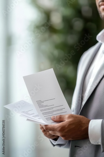 Close-up of a recruiter s hand holding a resume, detailed texture, professional recruitment concept, hiring, career opportunity photo