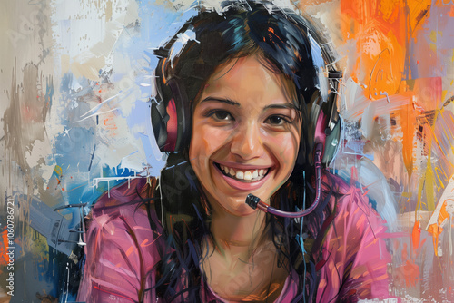 Portrait of smiling woman with headset.