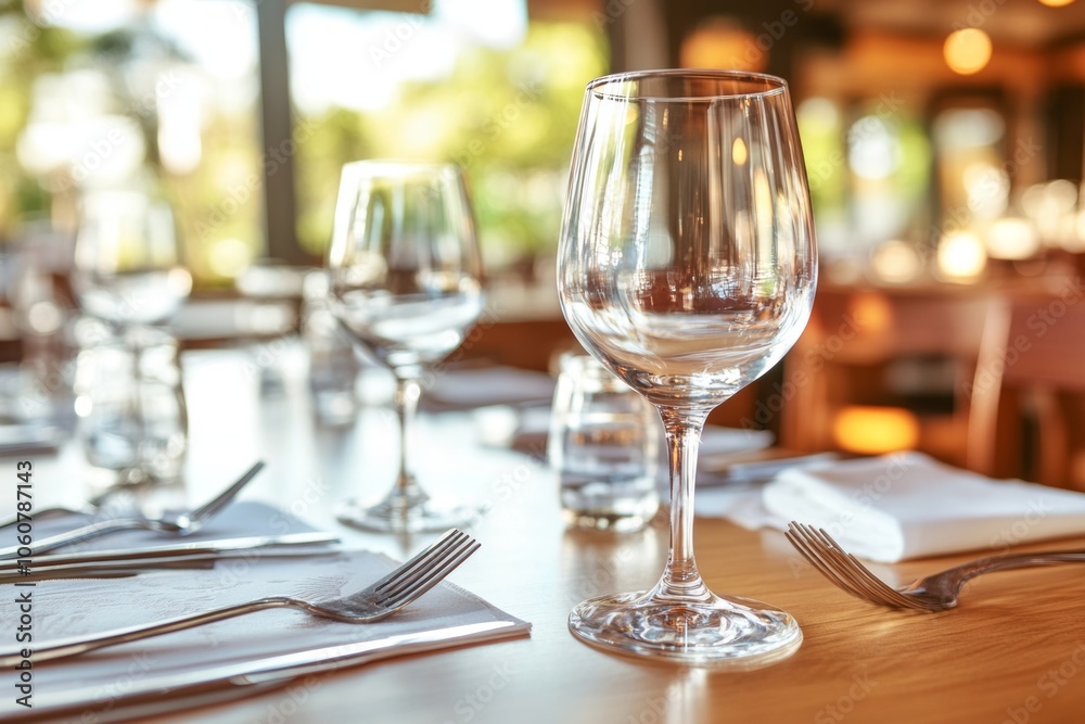A close-up of a table setting with two wine glasses, silverware, and a white napkin. A close-up of a table setting with two wine glasses, silverware, and a white napkin.