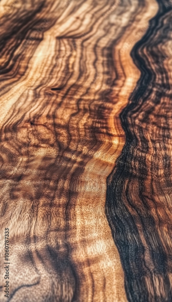 Naklejka premium Close-up of a wood grain with a dark and light brown color. The wood is smooth and has a natural, rustic look.
